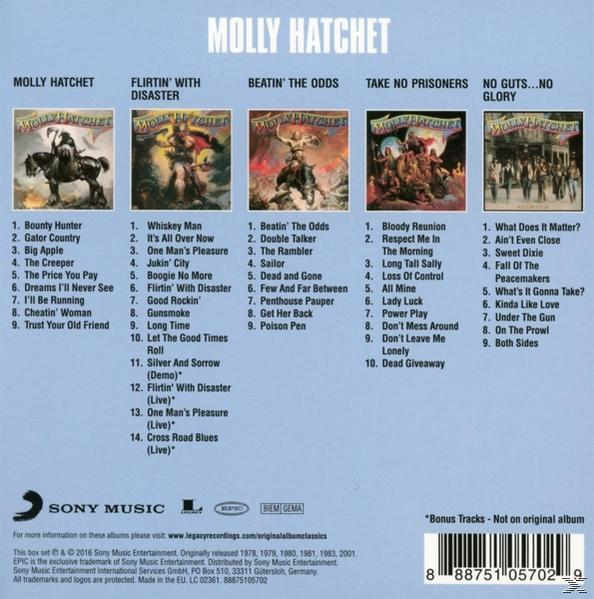 Albumcover mit Titelliste, mit Molly Hatchet und ihren Albumcovern.