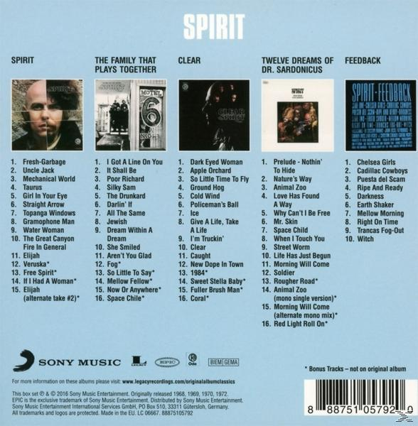 Rückseite des Spirit-Albums mit Titelliste und Albumcover.