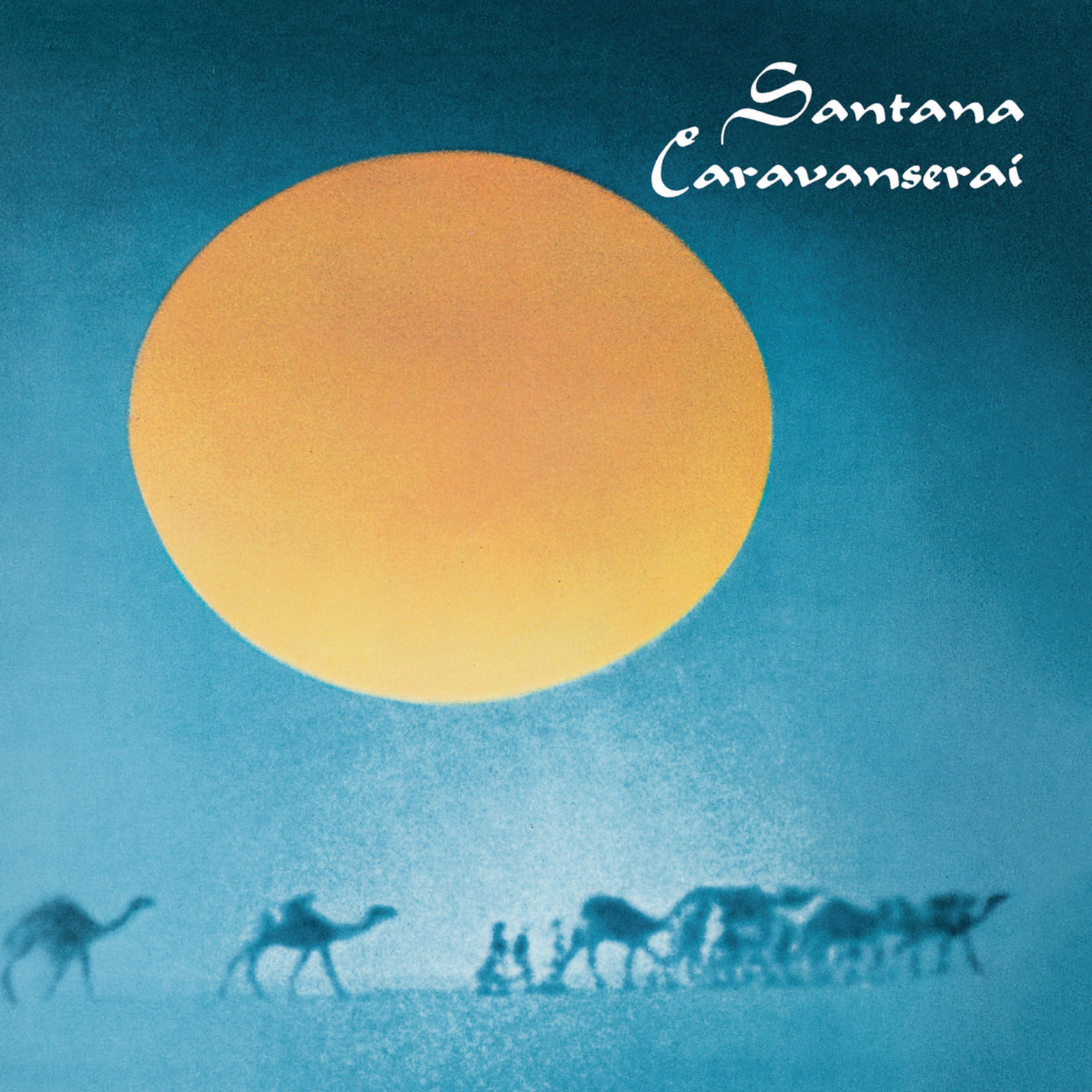 Albumcover von Santana mit großer Sonne und Kamelsilhouetten.