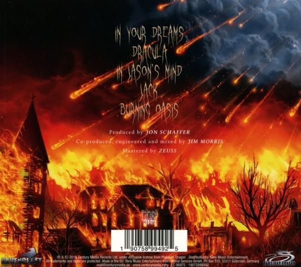 Albumcover mit brennenden Gebäuden und herabfallenden Feuerbällen. Text enthält Songtitel und Produktionscredits.