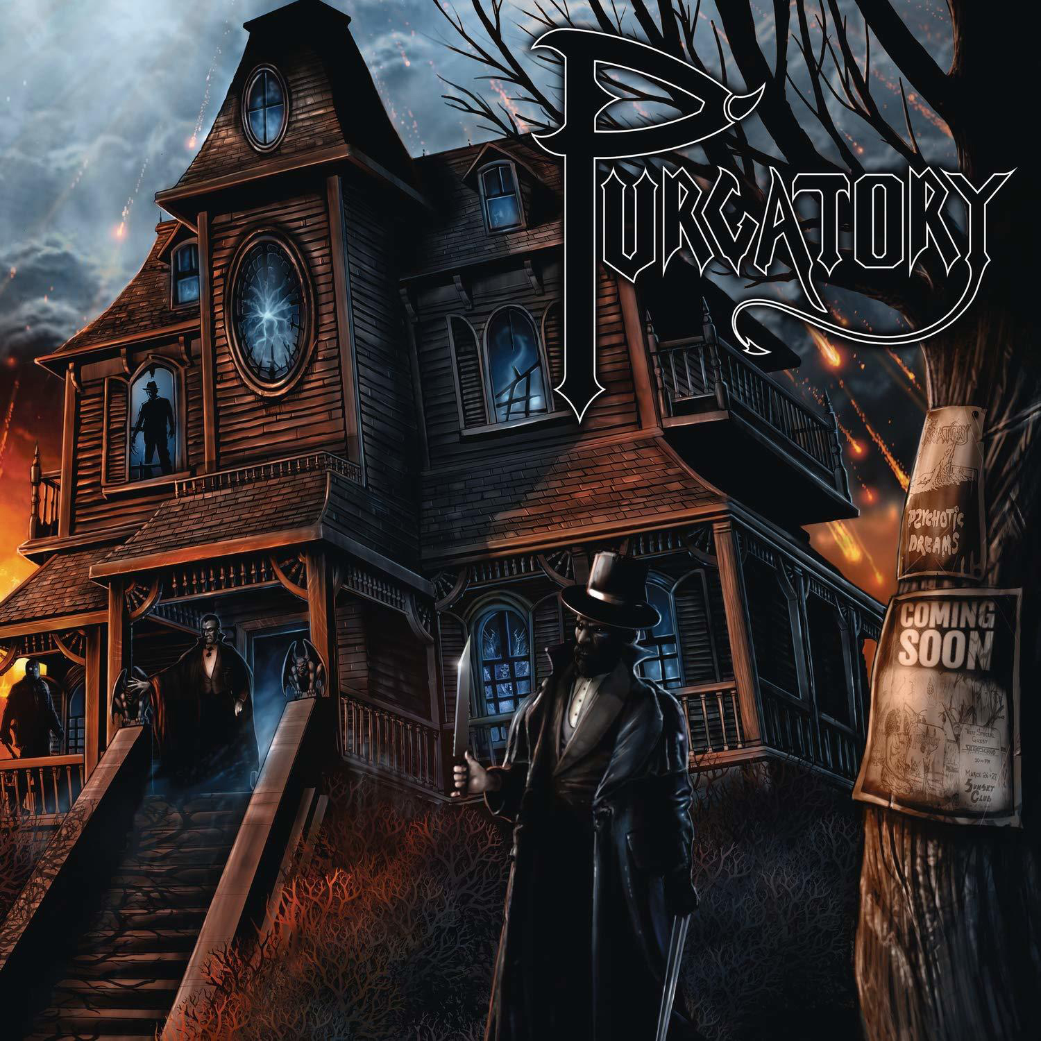 Albumcover, gruseliges Haus mit Messer. Dunkler, stürmischer Himmel, Text 'Purgatory'.