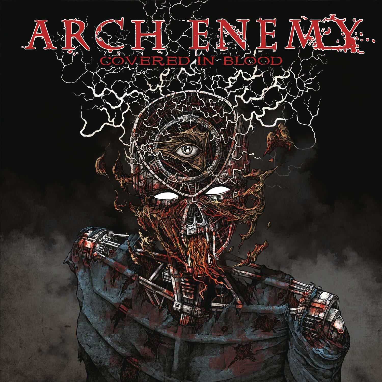 Albumcover, Arch Enemy, Covered in Blood. Schädel mit freiem Gehirn, Blitz, dunkle Farben.