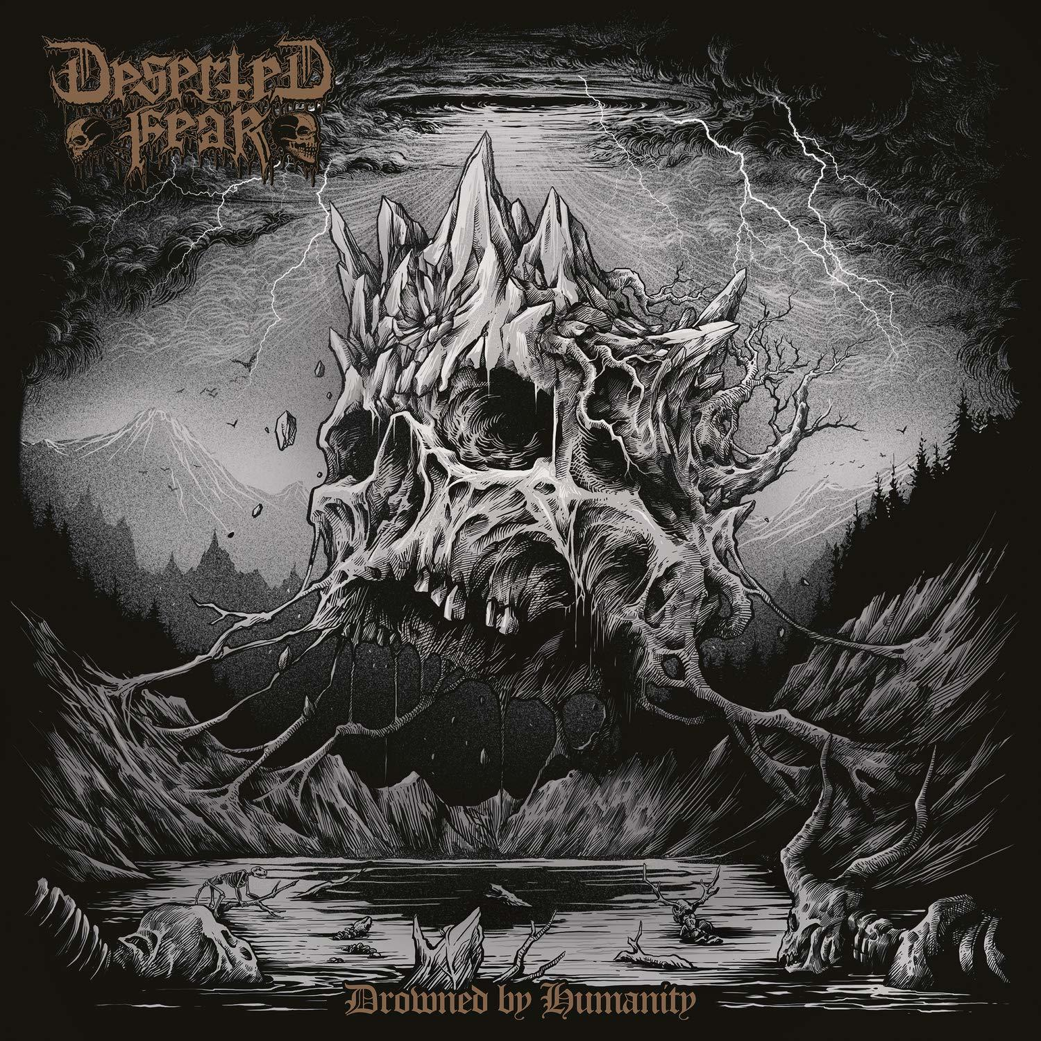 Albumcover: Schädelberg mit Blitz. Dunkle, surreale Landschaft, Text 'Drowned by Humanity'.