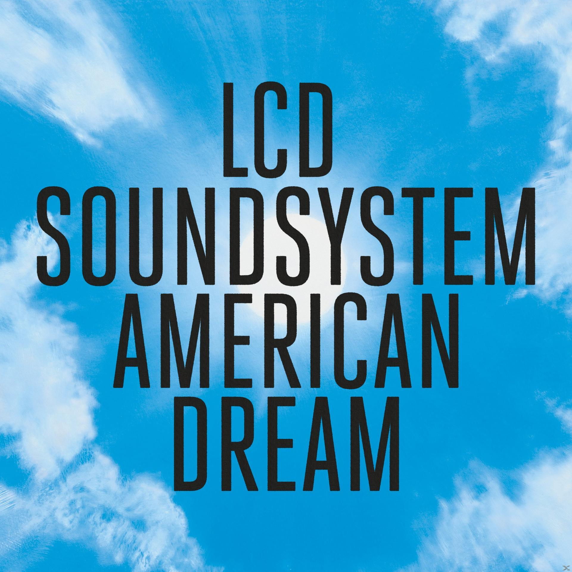 Album borítója: Kék ég fehér felhőkkel és fekete szöveg, ami a 'LCD SOUNDSYSTEM AMERICAN DREAM' feliratot tartalmazza.