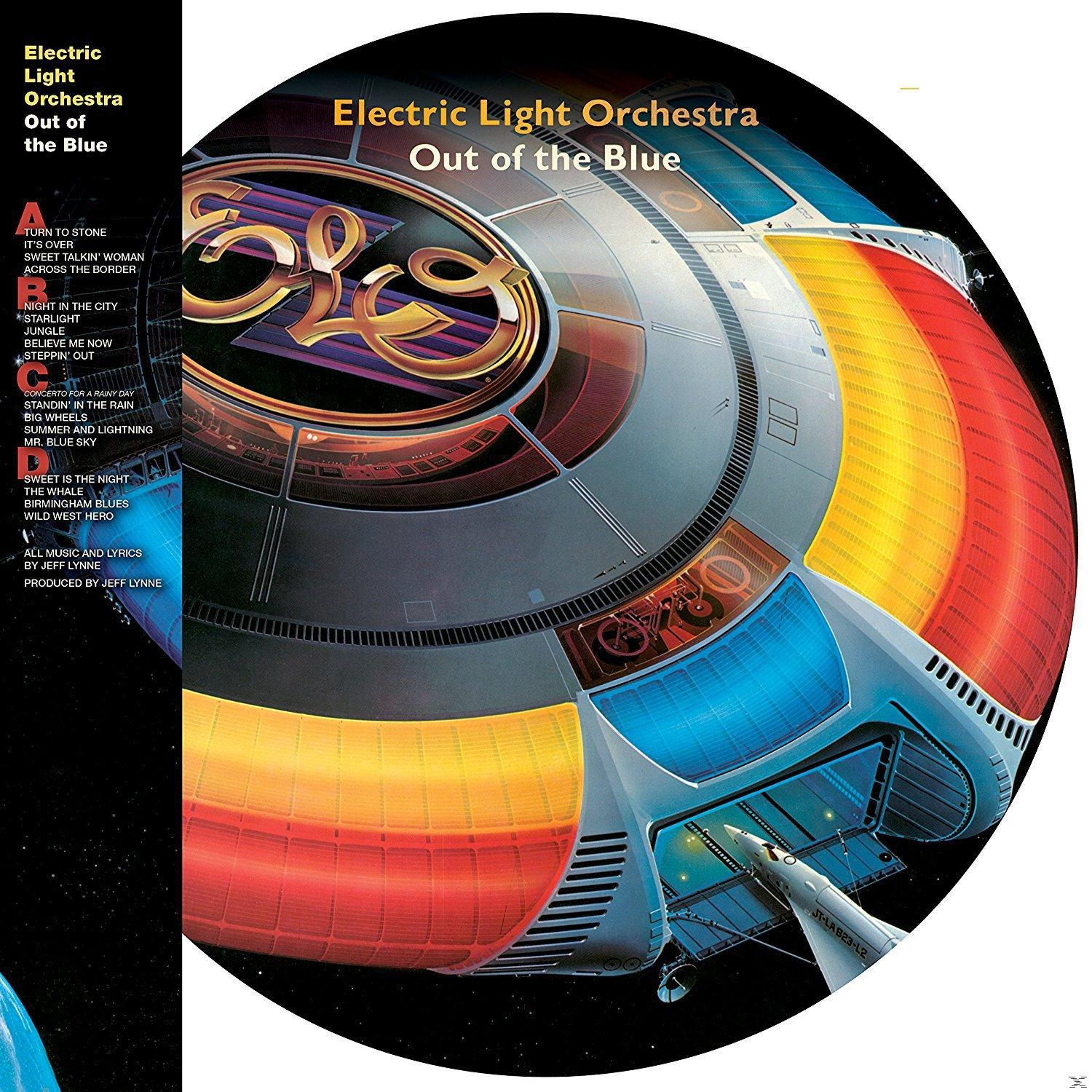 Album borító: Kör alakú design űrhajóval. Szöveg: Electric Light Orchestra, Out of the Blue.