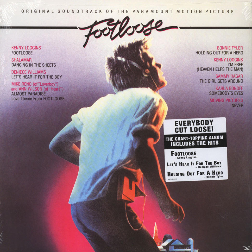 Footloose album borító. Fülhallgatós férfi fehér ingben, felfelé néz, szöveggel és számlistával.