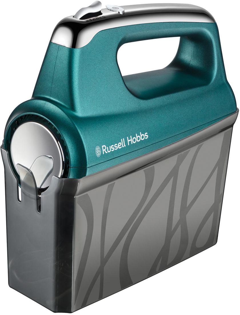 Egy türkizkék kézi mixer tárolódobozzal és a "Russell Hobbs" felirattal.