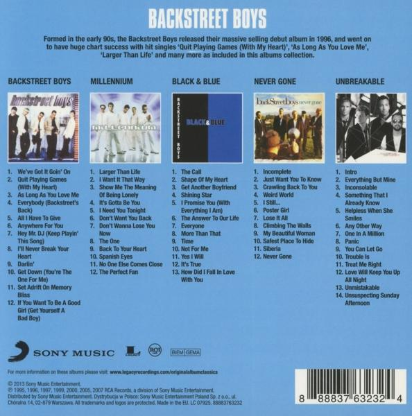 CD-Cover mit Titeln. Titelliste der Backstreet Boys, Albumtitel. Blaue und weiße Farben.