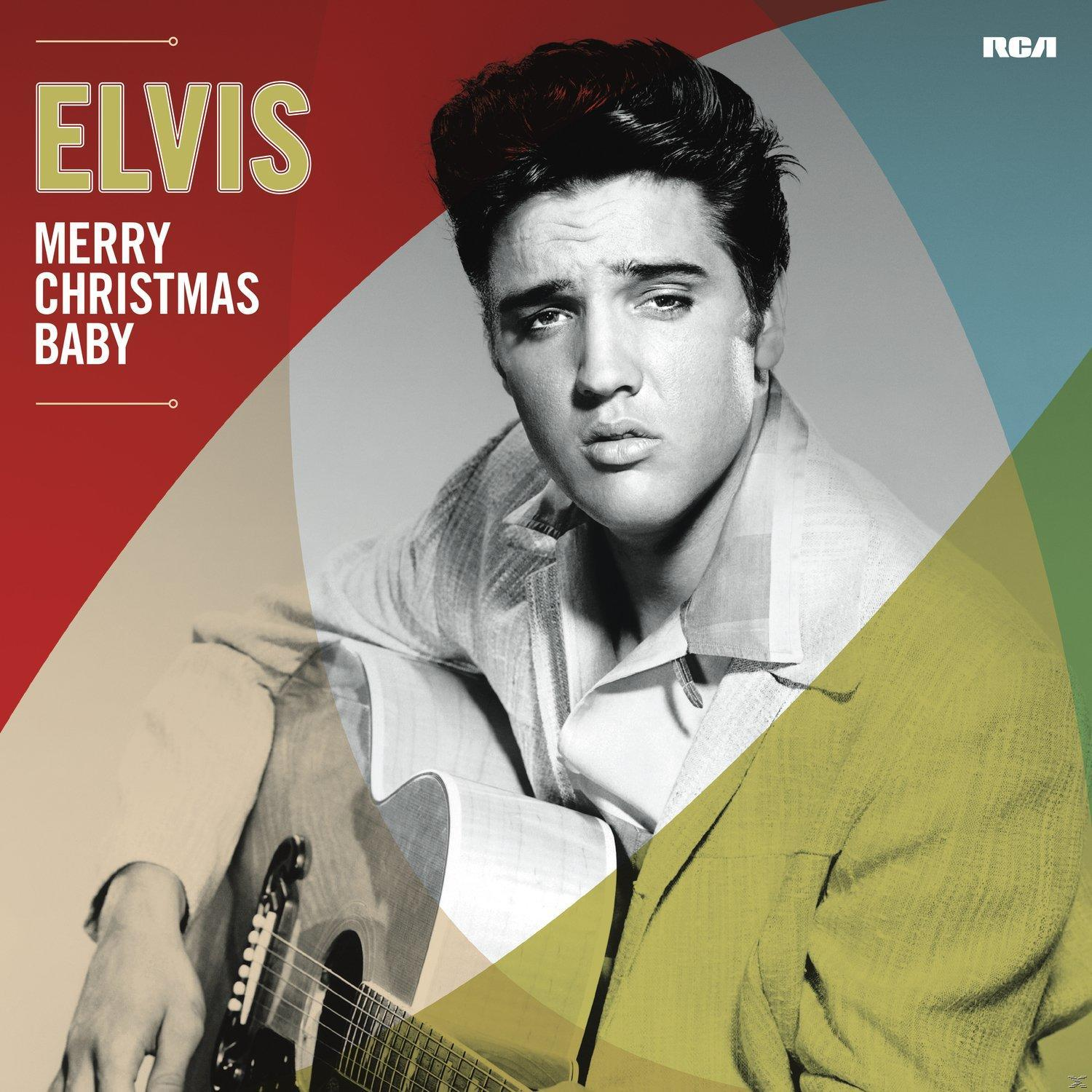 Elvis album borítója. Elvis öltönyben, gitárral, "Merry Christmas Baby" felirattal.