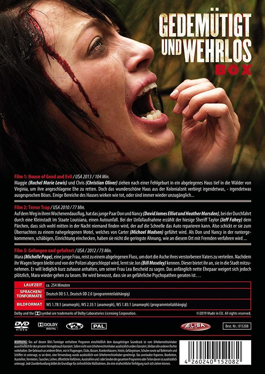DVD-Cover eines Films mit dem Gesicht einer Frau, Text und einem Warnhinweis. Rückseite des Covers.