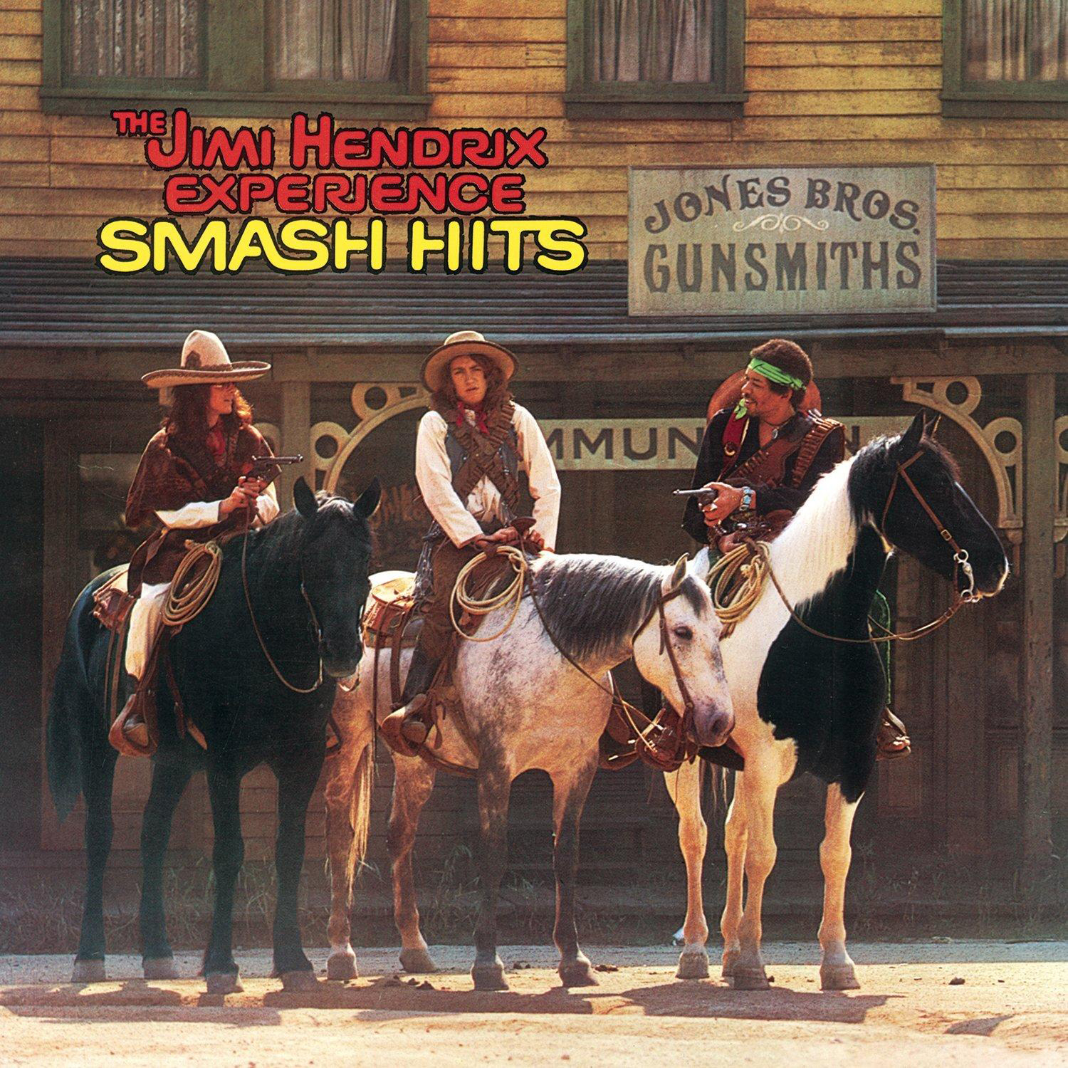 Albumcover: The Jimi Hendrix Experience, Cowboys auf Pferden mit Text 'Smash Hits'.