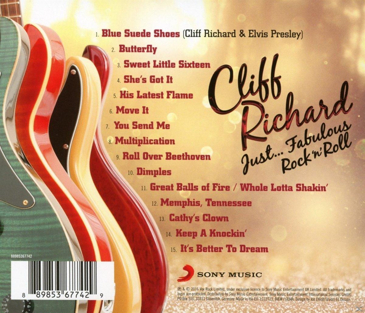CD-borító gitárokkal és számlistával. Cliff Richard album, 'Just... Fabulous Rock 'n' Roll'.