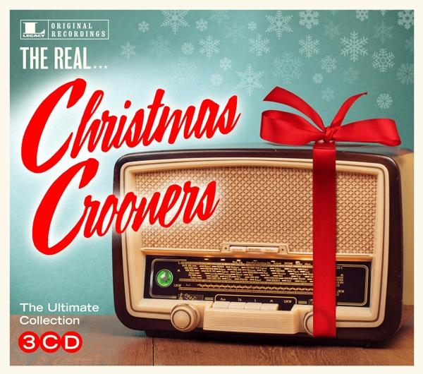 Karácsonyi album borító rádióval, piros szalaggal és 'Christmas Crooners' szöveggel.
