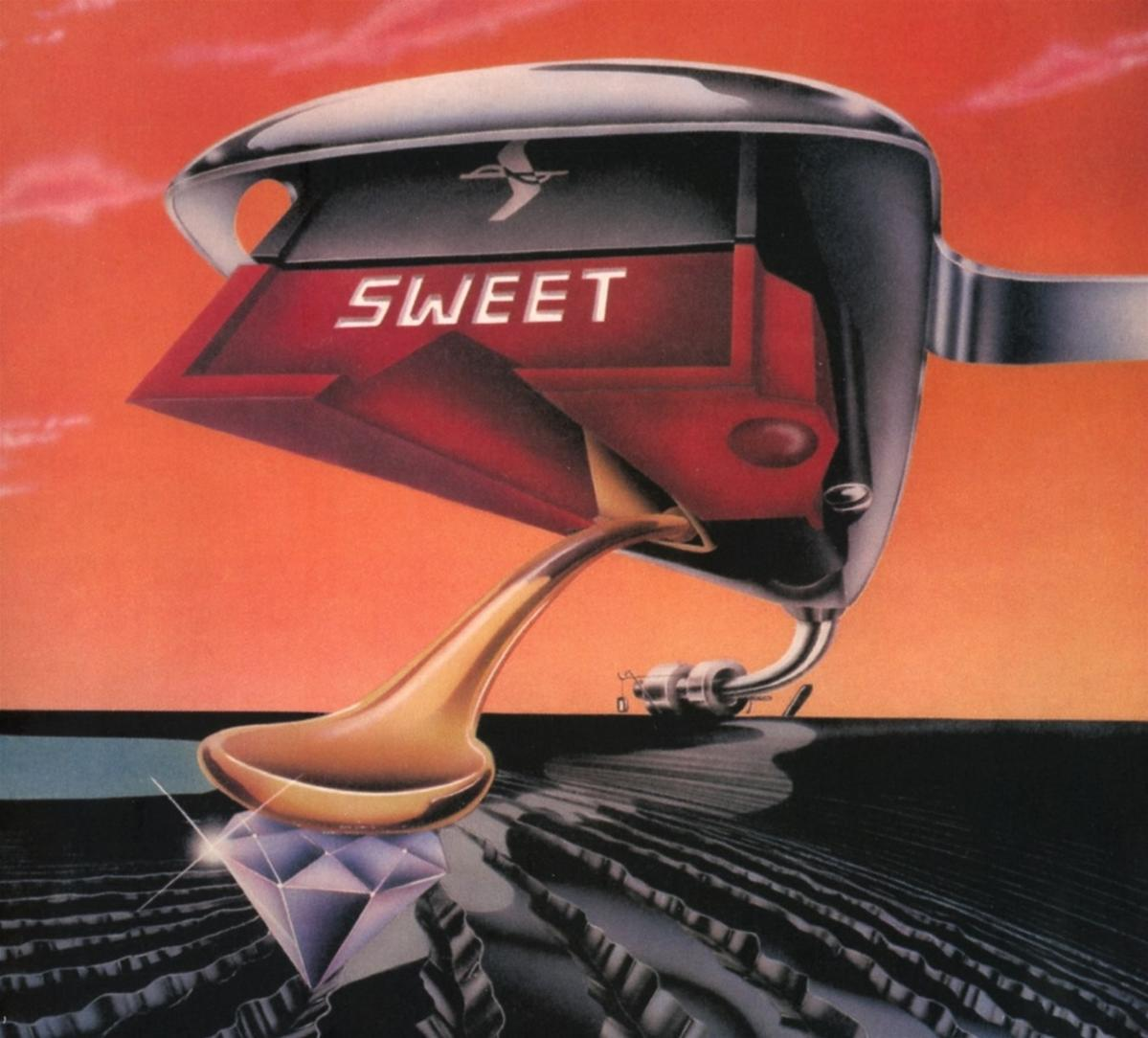 Albumcover. Stilisierter Plattenspieler, Wort 'SWEET' und Diamant auf einer Plattillenrille. Oranger Himmelhintergrund.