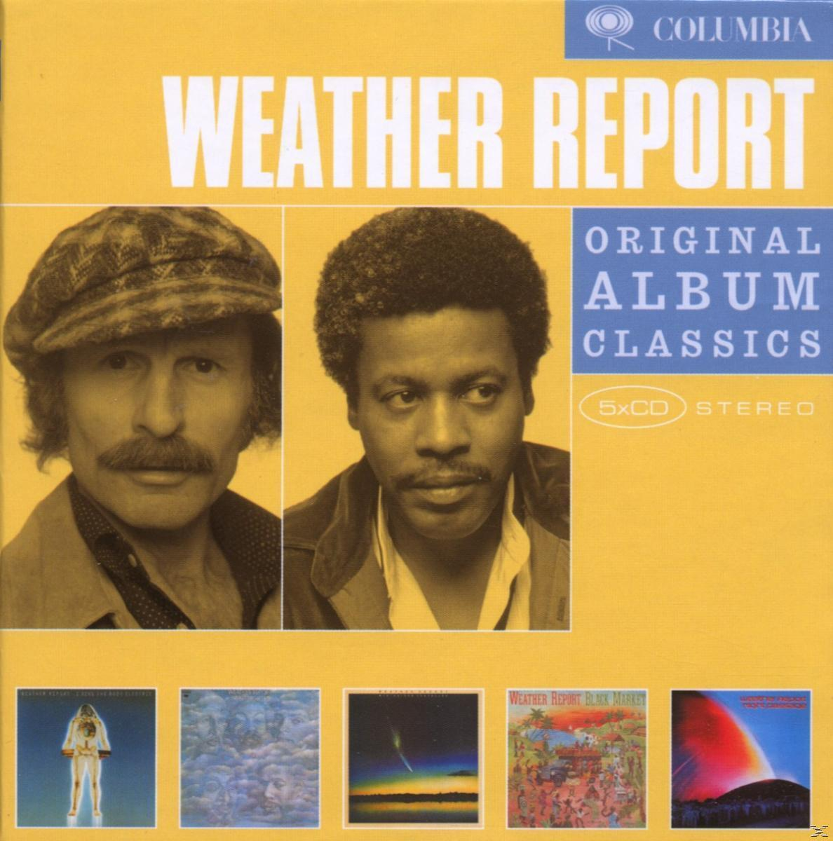 A Weather Report album borítója, két férfi arca és alatta album borítók, sárga háttéren.