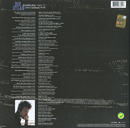 Rückseite eines Bob Dylan Albums, mit einem Bild und einer Titelliste.