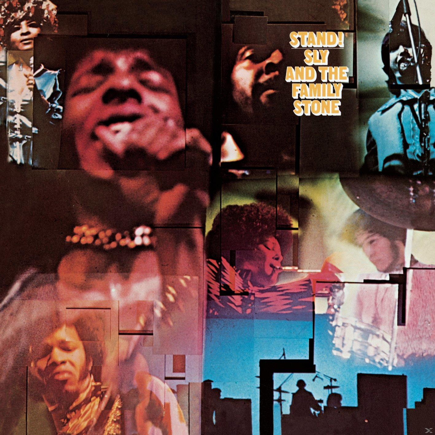 Albumcover mit Gesichter-Collage. 'Stand!' und Künstlername. Verschiedene Farben und Ausdrücke.