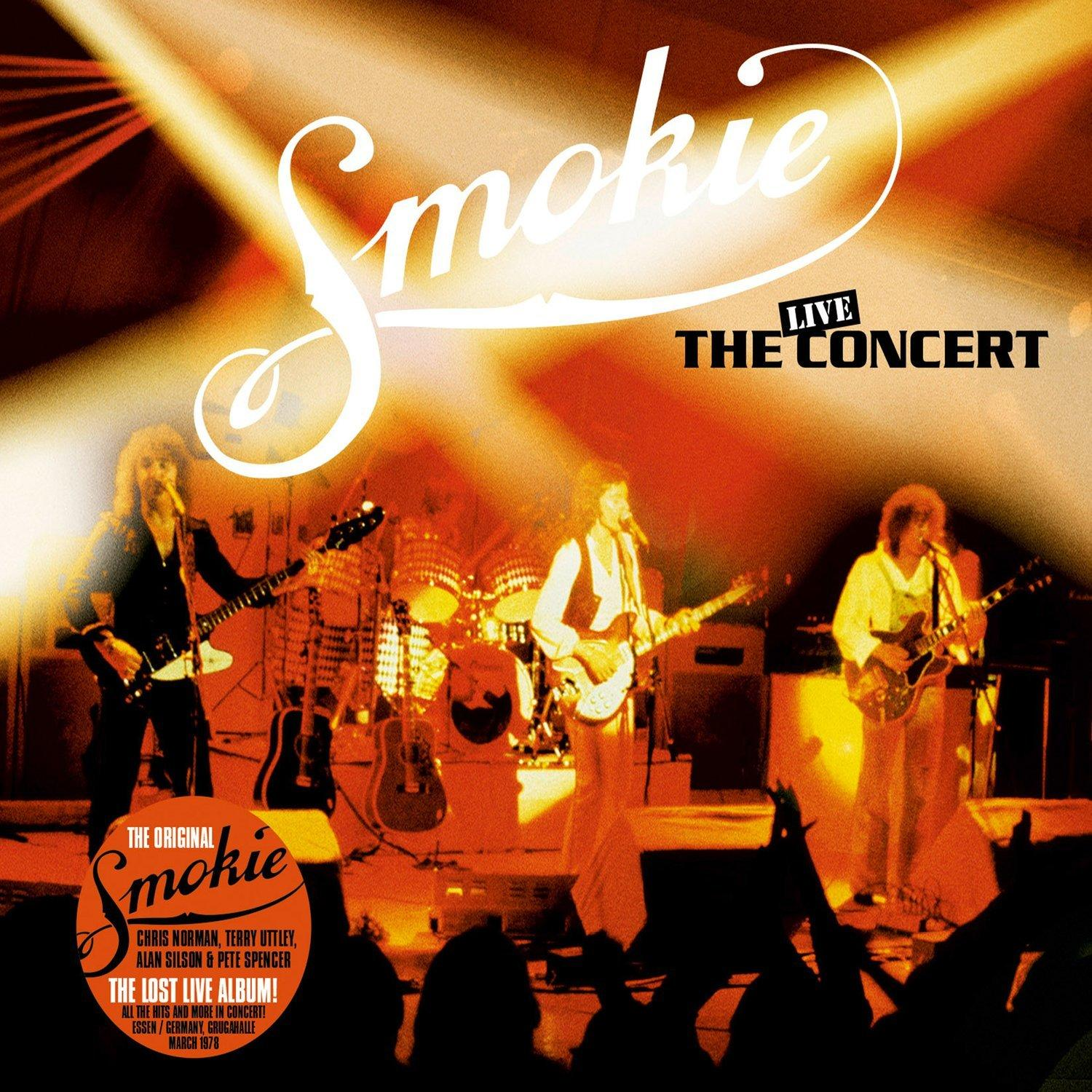 Smokie Live-Konzertalbumcover mit den Bandmitgliedern auf der Bühne.