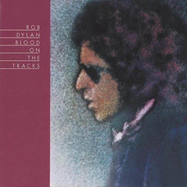 Albumcover mit Profil eines Mannes mit Sonnenbrille, roter Balken und Text: Bob Dylan, Blood On The Tracks.