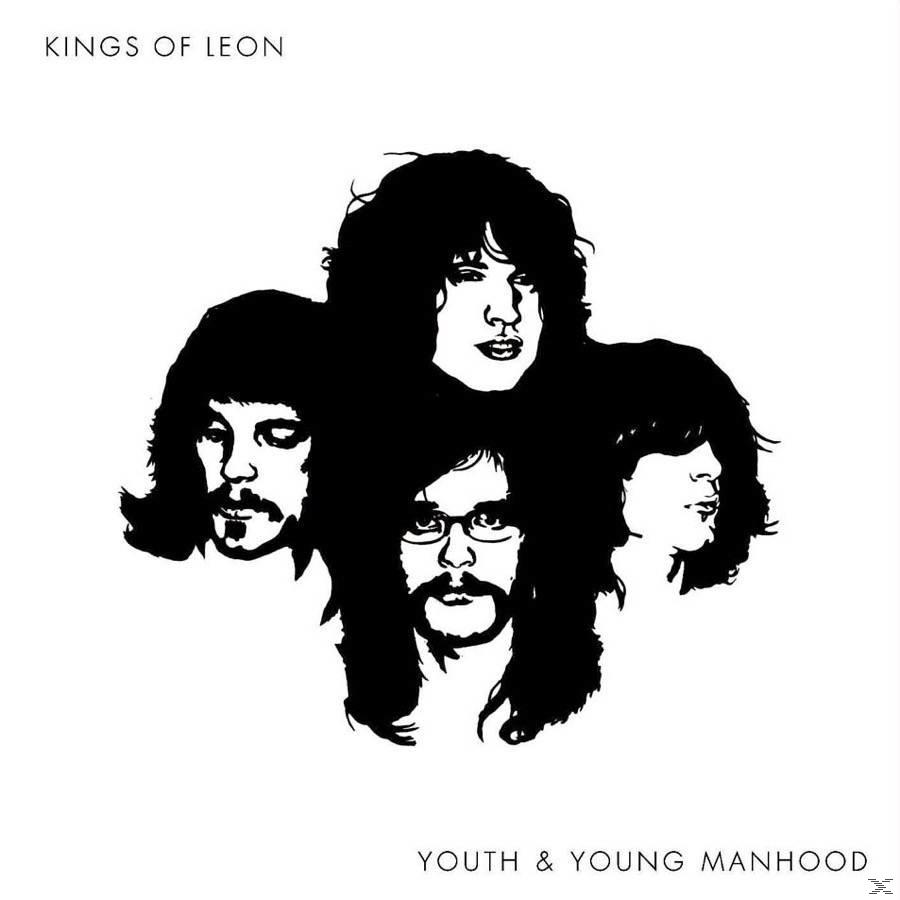 A Kings of Leon zenekar tagjainak fekete-fehér alkotása. A szöveg a következőket tartalmazza: "Kings of Leon" és "Youth & Young Manhood".