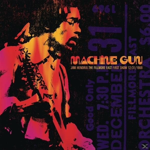 Jimi Hendrix plakát. Narancs és piros árnyalatok. A szöveg tartalmazza a 'Machine Gun' szót és a koncert részleteit: Fillmore East 12/31/1969.