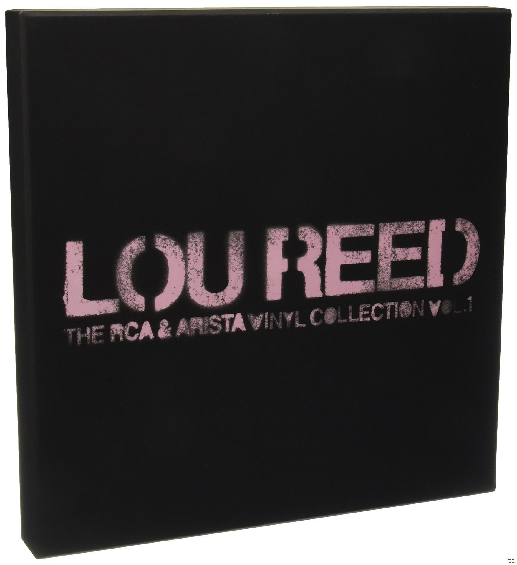 Fekete doboz "LOU REED" és "THE RCA & ARISTA VINYL COLLECTION VOL.1" felirattal, rózsaszínben.