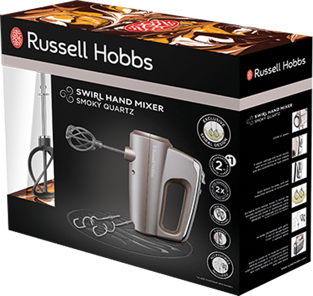 Russell Hobbs Swirl kézi mixer doboza, füstös kvarc színben, a mixer látható.