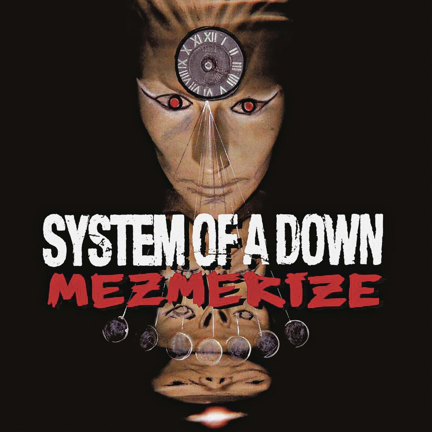 Pochette de l'album 'Mezmerize' de System of a Down. Montre un visage et une horloge.