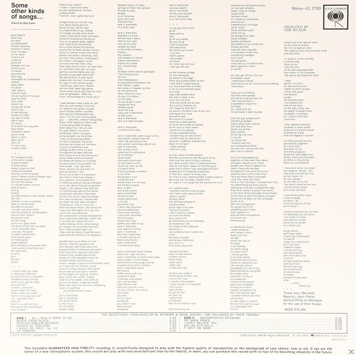 Seite mit Liedtexten aus Bob Dylans Album, mit Titeln und Liednamen, in einem Blocktextformat.