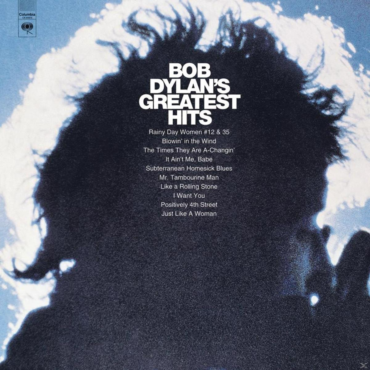 Bob Dylans Greatest Hits Albumcover. Silhouette von Dylan vor einem bewölkten Hintergrund mit Songtiteln.