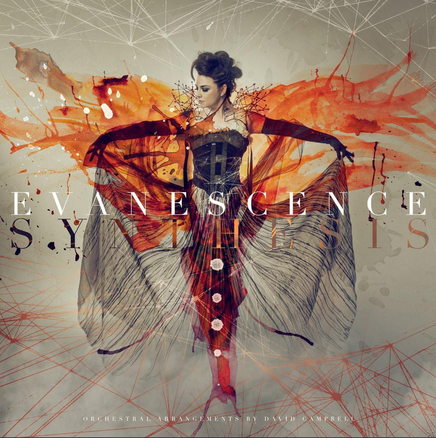 Evanescence album borító, nő nyitott karokkal. Narancssárga és piros színek, és absztrakt formák.