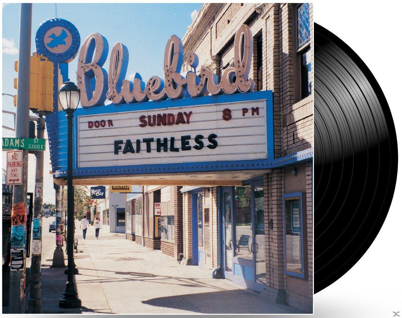 Egy bakelit lemez és egy Bluebird színház tábla, a 'Faithless' szóval.