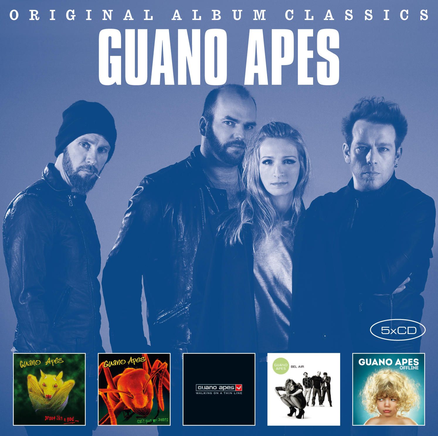 A Guano Apes Original Album Classics album borítója. Öt album borító és a zenekar tagjai.
