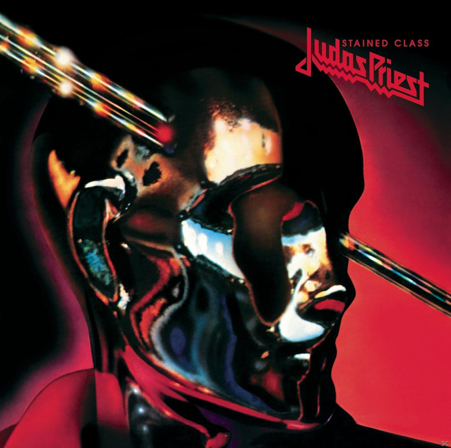 Albumcover mit einem metallischen Kopf. Der Titel lautet Stained Class und hat Lichtstrahlen.
