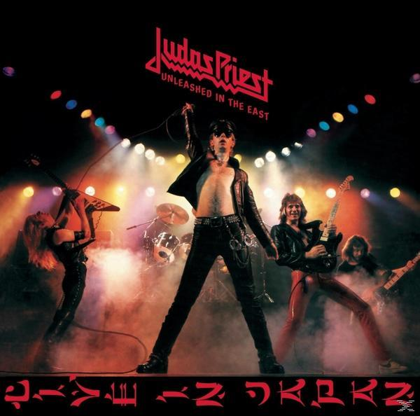 Albumcover: Band auf der Bühne, Text: Judas Priest, Unleashed in the East, Live in Japan.