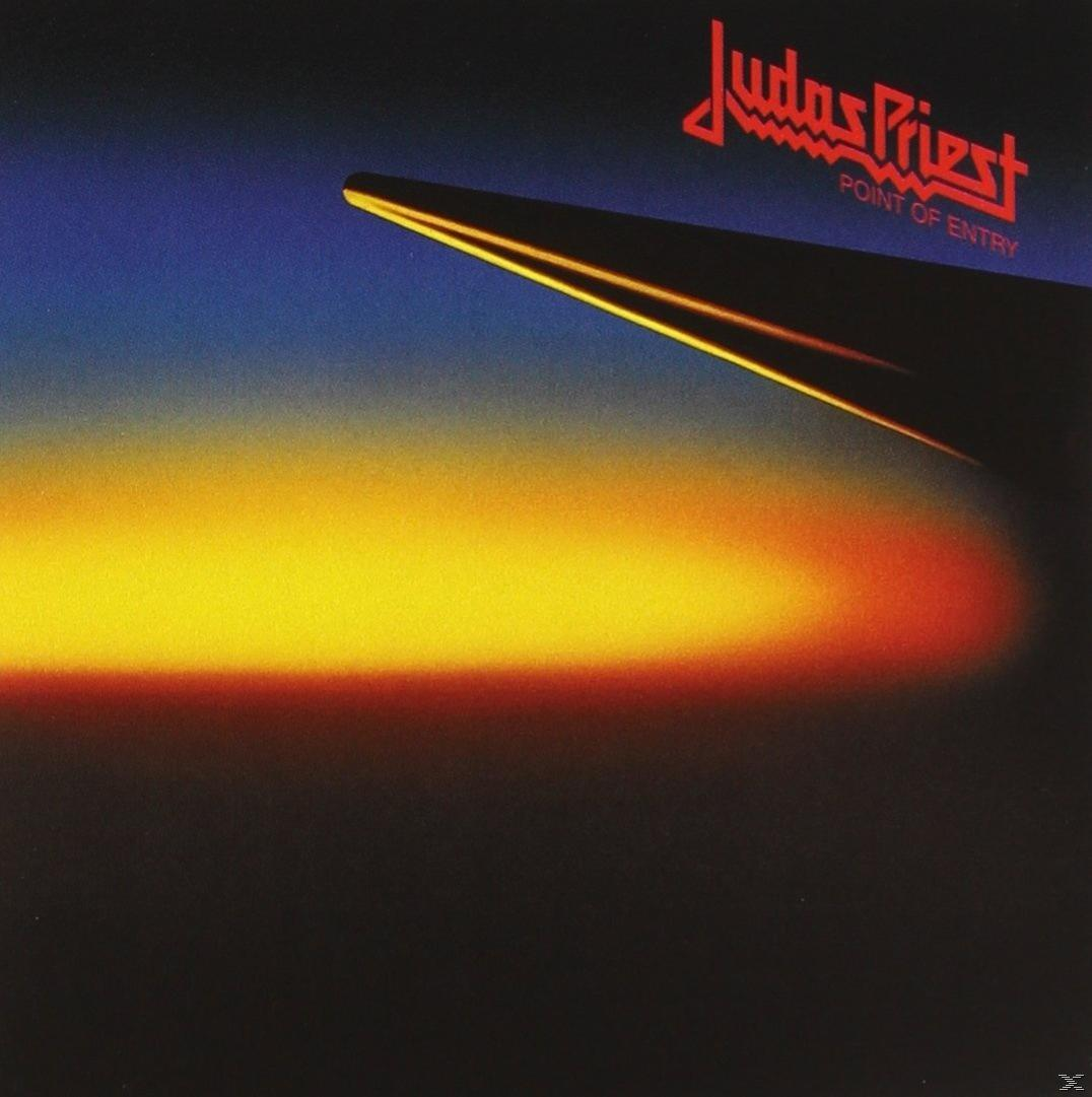 Albumcover für Judas Priest 'Point of Entry'. Ein dunkles, abstraktes Bild mit rotem und gelbem Streifen.