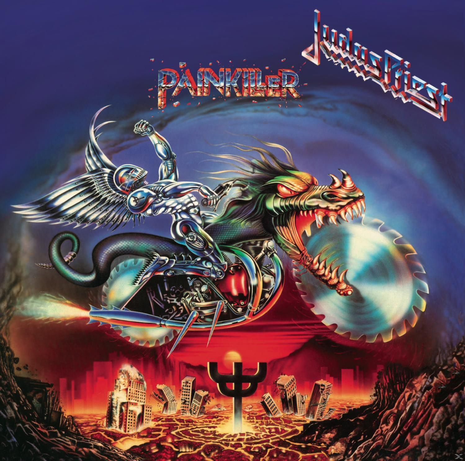 Albumcover: Eine metallische, geflügelte Figur fährt Motorrad mit Sägeblatt-Rad, Stadtbild im Hintergrund.