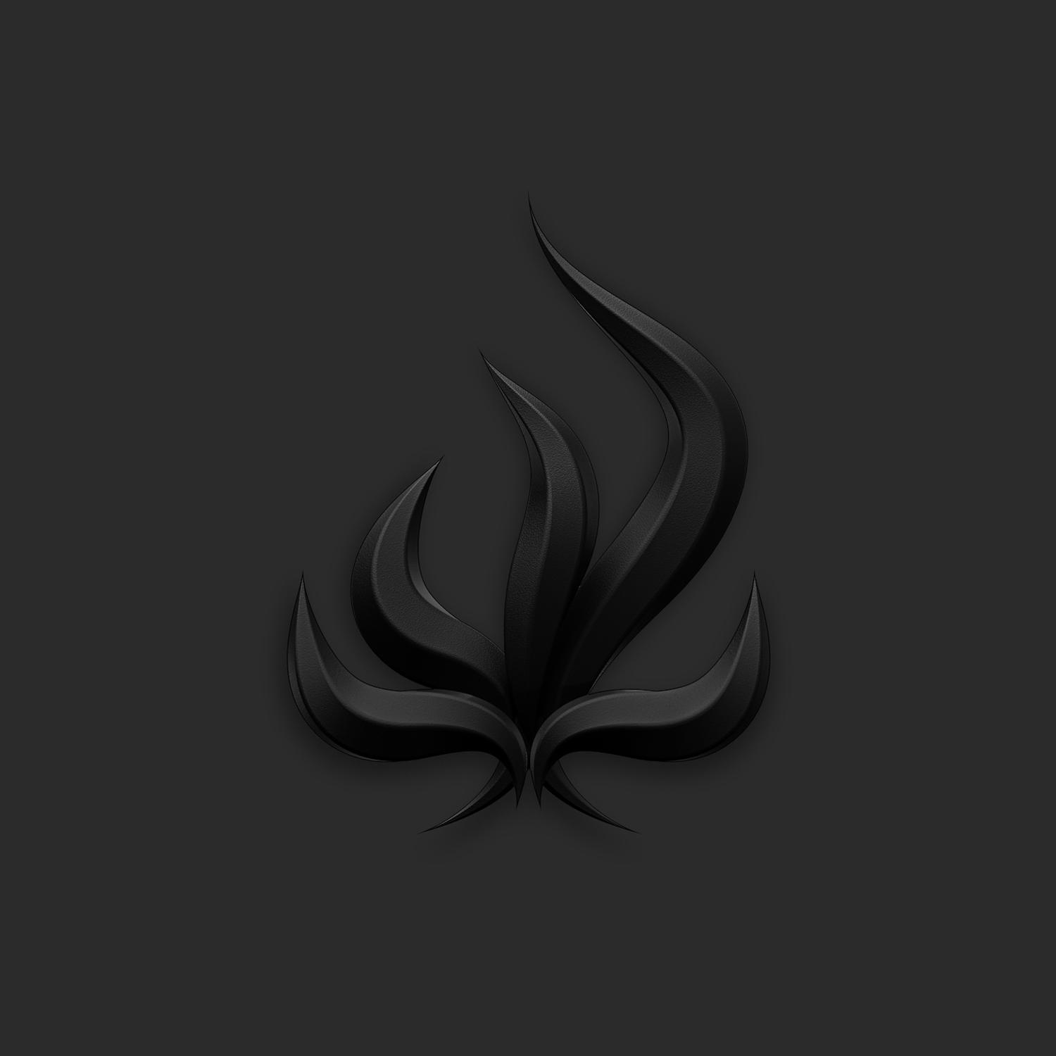 Schwarzes Logo einer stilisierten Flammenform auf schwarzem Hintergrund.