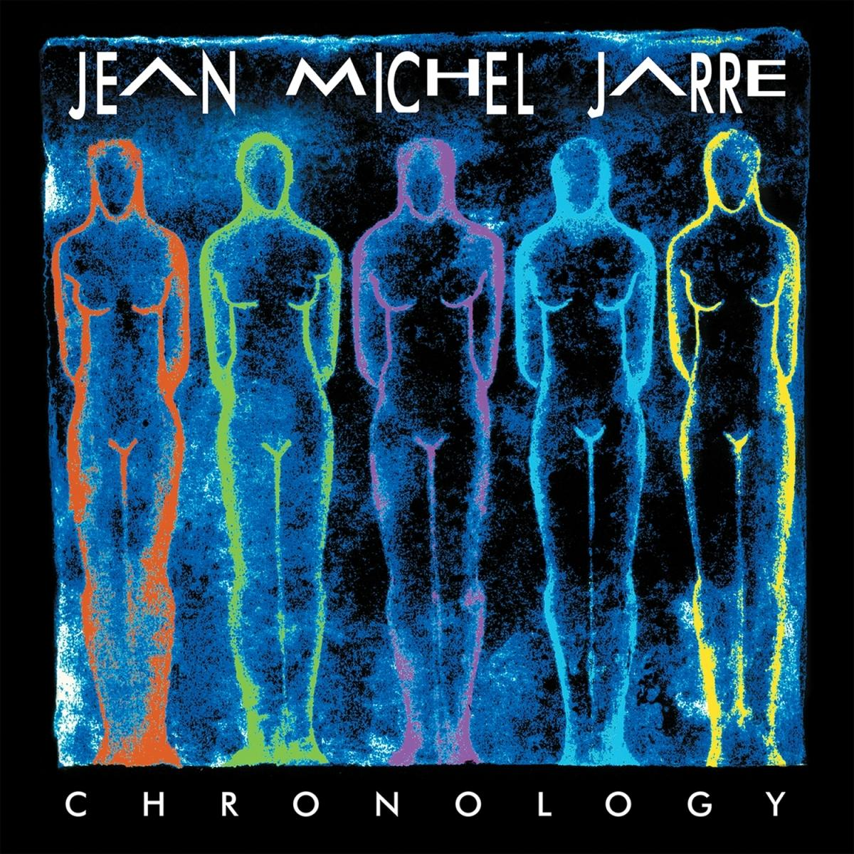 Fünf farbige menschliche Figuren, Jean Michel Jarre, Chronology auf blauem Hintergrund, schwarzer Rahmen.