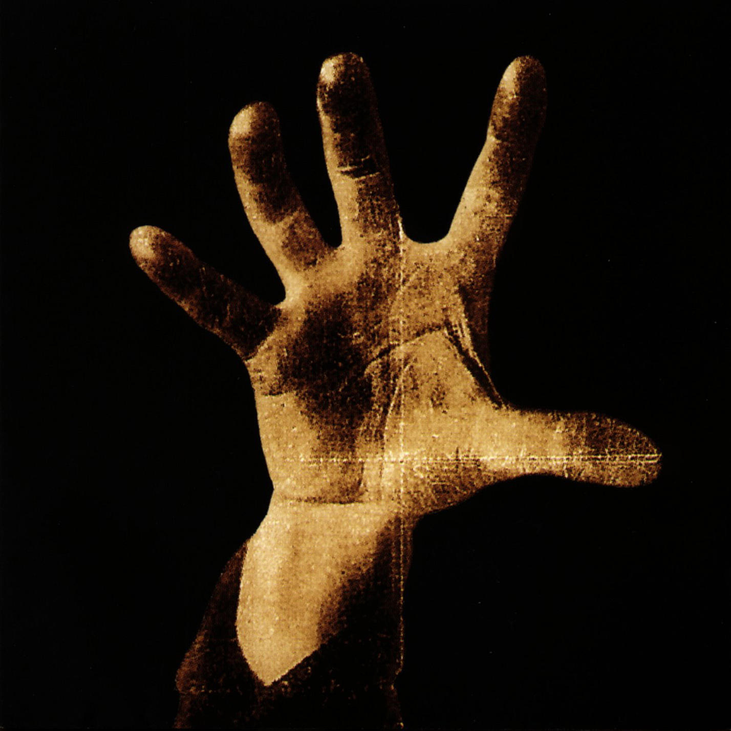 Albumcover mit einer braunen, ausgestreckten Hand vor schwarzem Hintergrund. Handfläche nach oben.