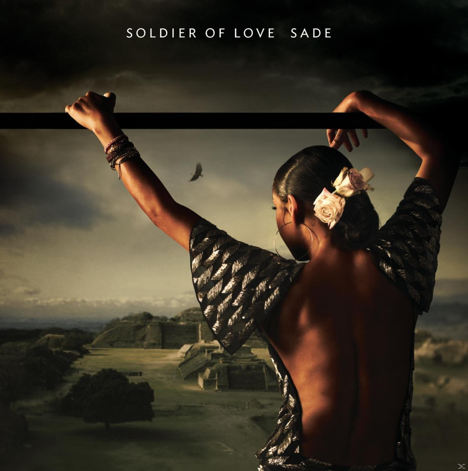 Frau mit Rosen im Haar, hält eine Stange. Der Titel lautet 'Soldier of Love' Sade. Ein Vogel fliegt am Himmel.