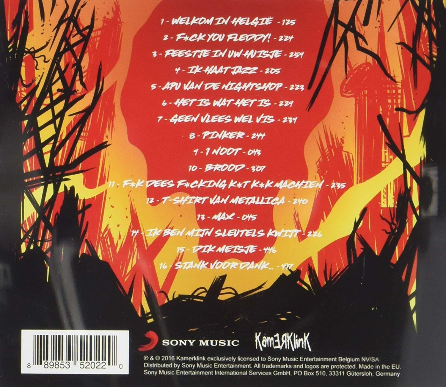 Pochette d'album avec des flammes rouges et oranges et du texte. Code-barres et logo Sony Music présents.
