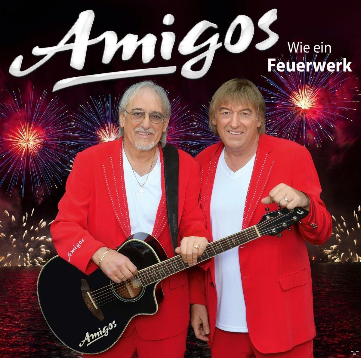 Zwei Männer in roten Anzügen mit Gitarre, Feuerwerk im Hintergrund. Das Wort "Amigos" steht oben und auf der Gitarre.