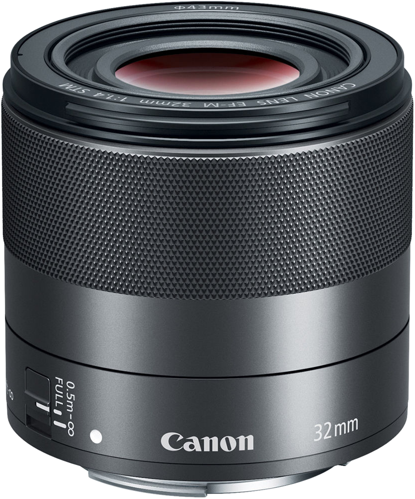Canon 32mm objektív, fekete, objektívsapkával és fókuszbeállításokkal.
