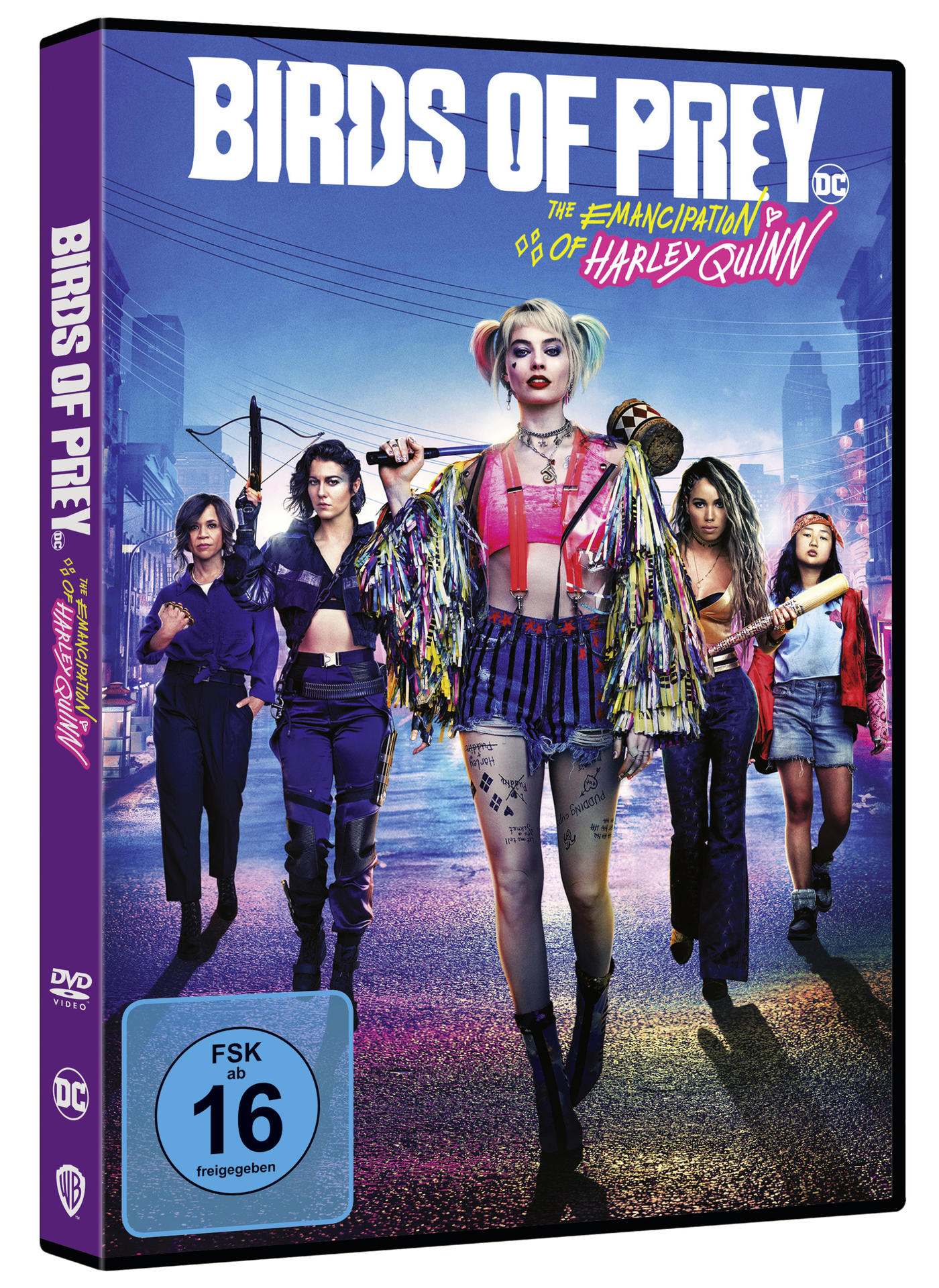 DVD-Cover für 'Birds of Prey' mit Harley Quinn und anderen weiblichen Charakteren, Stadtkulisse.