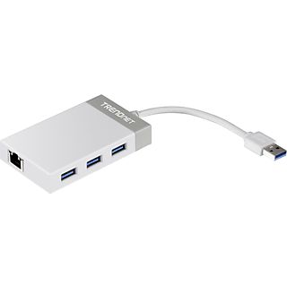 TRENDNET TU3-ETGH3 - Hub und Adapter USB 3.0 zu Gigabit Ethernet, 14 cm, Bis zu 2 GBit/s (Gigabit port), Bis zu 5 GBit/s (USB 3.0 port), Weiss