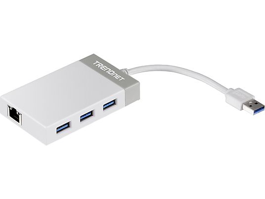 TRENDNET TU3-ETGH3 - Hub et adaptateur USB 3.0 vers Gigabit Ethernet, 14 cm, Jusqu'à 2 Gb/s (port Gigabit), Jusqu'à 5 Gb/s (port USB 3.0), Blanc