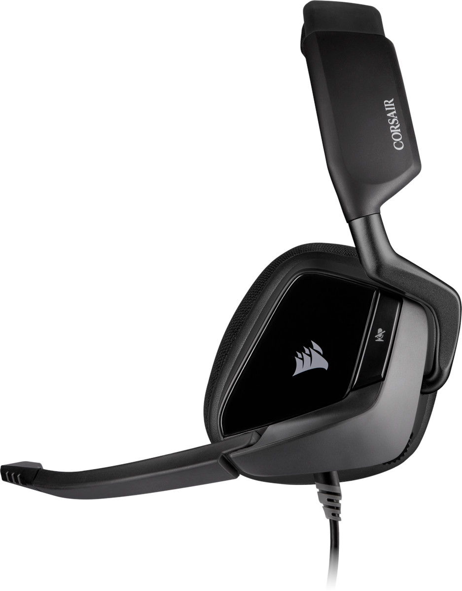 Zwarte Corsair-headset met aangesloten microfoon. De headset is schuin, met de oorschelp, hoofdband en microfoon zichtbaar.