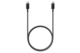Beyaz zemin üzerinde iki konektörlü siyah USB-C kablosu.