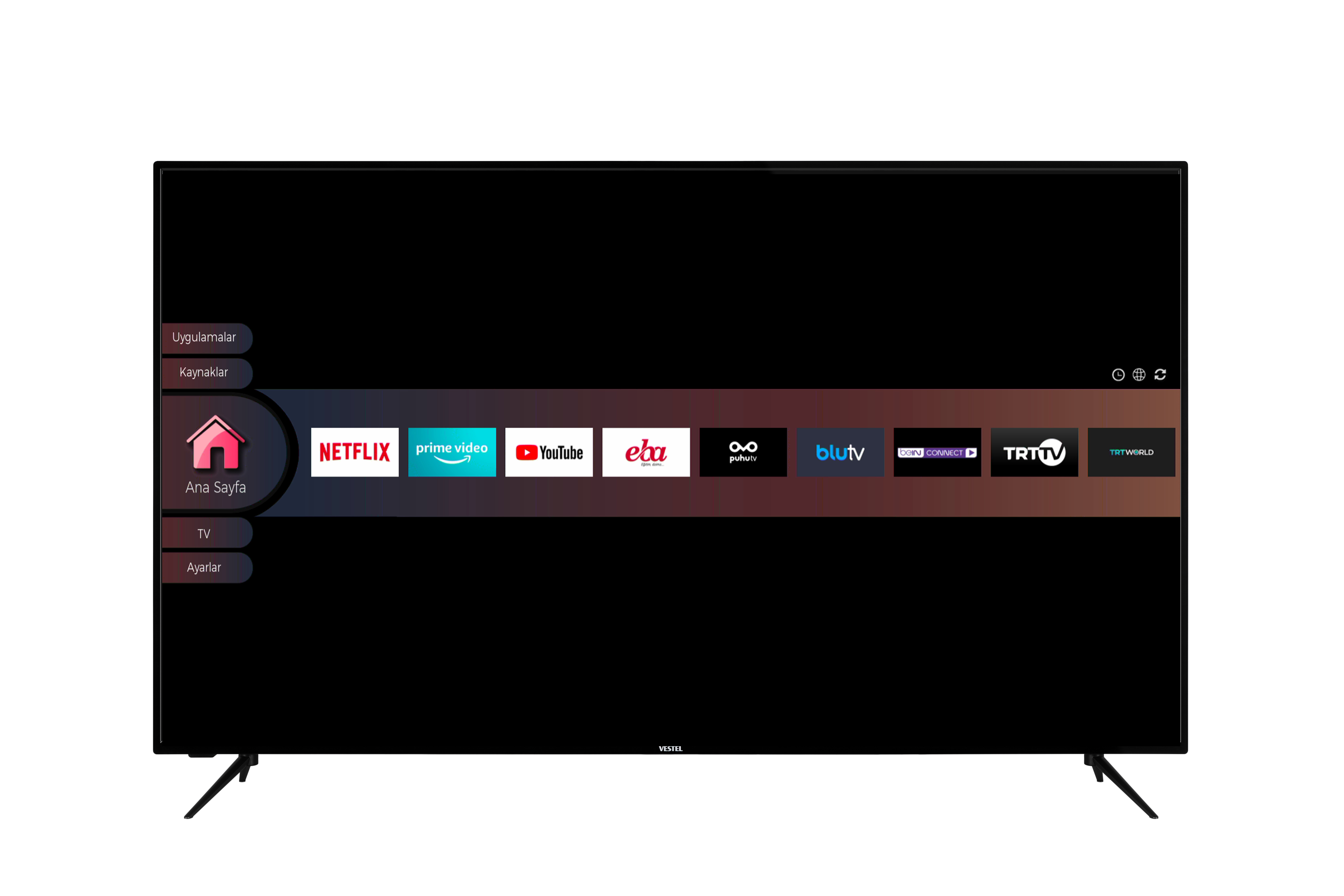 Uygulama simgeleriyle bir ana ekran gösteren siyah TV ekranı.